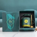 Green ceramic Nordic mug gift set with gold handle, lid, spoon, and premium gift box - Fine Vertical Stripe Green Mug Gift Box