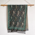 Detail view of ethnic cashmere-feel scarf with paisley patterns and decorative tassels - 70*180cm / T131-01 Green Black Gold