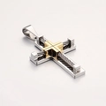 Men's two-tone stainless steel cross pendant with gold inlay and wire rope textures - Without Chain / Gold and Silver (KP55888-K)