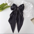 Elegant large black satin bow hair clip with long ribbons for Halloween hair styling - Solid Black Long Streamer