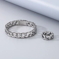 Conjunto de pulsera y anillo de cadena cubana en acero inoxidable plateado con relieves - Talla 9 / Conjunto de Joyas Color Acero