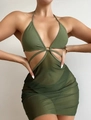 Detail of olive green halter neck bikini with mesh skirt and golden ring connector - S / Green