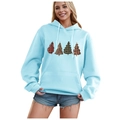 Light blue Christmas hoodie for women with festive plaid and leopard print trees - S / Hooded Drawstring Pullover-Large Pocket / Light Blue-Christmas Tree