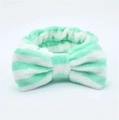 Mint green and white striped coral fleece headband with a large bow for face washing - Green and White Striped