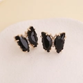 Close-up of black butterfly earrings with gold frame and white crystal details - Black(5#)