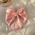 Pink satin butterfly hair claw clip with pearl embellishments on beige background - Pink Pearl Satin Bow Hair Ornament / Pink
