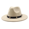 Classic beige wool fedora hat with wide brim and black studded band for men and women - Size M (56-58cm) / Beige