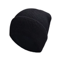 Detailed close-up of the black rib-knit texture and folded cuff on this warm winter beanie - Black
