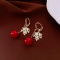 French style floral drop earrings with vintage gold leaf and glossy red pearl bead - 55# Gold Red Leaf with Round Bead (Ear Buckle)