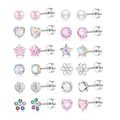 24-piece set of stainless steel star and heart stud earrings with pink zircon and pearls - XY-1 Round Plate 12 Pairs Set