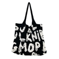 Close-up of knit tote bag showing black and white letter patterns and texture - Black and White