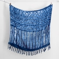 Blue and white tie-dye cotton scarf with horizontal wave patterns and fringe trim - Wave & Vertical Stripe (2023-1-8)