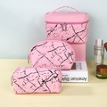 Pink marble pattern PU leather makeup bag set including box, shell and flat pouch styles - Pink Marble 3-Piece Set