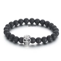 Black matte onyx beaded bracelet with 8mm beads and a silver skull charm in punk style - 8mm Matte Black Agate Skull Style (KB70578-BD)