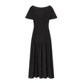 Elegantes schwarzes Midi-Kleid mit Smok-Taille, kurzen Ärmeln und geraffter Passform - XS / Schwarz