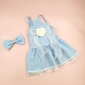 Detail of light blue floral lace pet dress with a matching bow hair accessory - XS / Chanel Style Blue Formal Gown with Headpiece