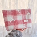 Detail of pink plaid tweed makeup bag with white embroidered bow and brand label - 26x18cm / Pink Bow Large Size