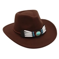 Detail of dark brown wool cowboy hat featuring ethnic beads and a turquoise gemstone band - One Size / Coffee