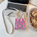 Mini sac à téléphone en tricot beige avec motif tulipe, poignée et bandoulière longue - Tulipe Rose Rouge (Sac de Téléphone)