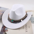 White felt fedora with colorful beaded band, turquoise stone, and coin charm - Ethnic Style / White