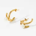 Elegant gold plated C-shaped hoop earrings with a round white pearl for a modern summer look - Gold (KDE2128)