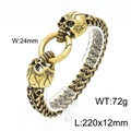Pulsera gótica de latón para hombre con doble calavera y cadena de malla tejida resistente - 22cm / Oro Antiguo