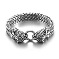 Detailed view of silver stainless steel Franco link bracelet with Viking wolf heads clasp - 21cm / Silver Tiger Head