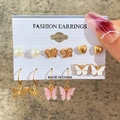 6-pair set of gold butterfly earrings with faux pearls and pink resin on display card - Pink Butterfly Heart Pearl Set (53676)
