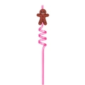Pink spiral plastic straw featuring a smiling brown gingerbread man festive party decor - Gingerbread Man / Pink