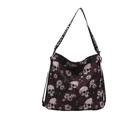 Black nylon tote bag featuring white skull and purple floral print with LOVE strap - Fuschia