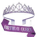 Birthday Queen set featuring purple rhinestone crown and glitter sash with safety pin - BIRTHDAY QUEEN Purple Set