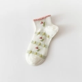 White ankle socks with pink wavy edges, green stripes and lily of the valley floral patterns - White Lace Flower - Ankle