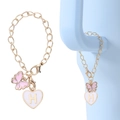 Gold chain for Stanley cup with pink enamel butterfly and white heart letter H charm - Butterfly + Letter Charm / White Heart Letter H