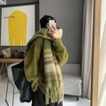Chunky green rainbow plaid scarf with tassels and matching plush mohair knit sweater - Army Green Horizontal Stripe