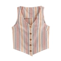 Gilet estivo da donna con scollo a V e righe verticali in tessuto di cotone e lino - Taglia S / righe arcobaleno