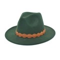 Detail of dark green fedora hat featuring a brown faux leather braided band decoration - M (56-58cm) / Dark Green