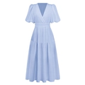 Light blue V-neck maxi dress with puff sleeves and textured fabric in a flat lay view - S / Light Blue