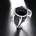 Detailed close-up of a vintage silver men ring with oval black obsidian gemstone - Adjustable Open / Style F-Oval Cabochon Black Stone / Silver/Black