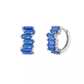Detailed macro view of silver hoop earrings with blue baguette cut zircon stones - Silver with Blue Baguette Zircon Hoop (Silver Earring Post)
