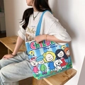 Blue canvas tote bag with colorful cartoon illustration and top handles for women - Friendship Partner