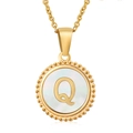 Classic gold stainless steel necklace with round Mother of Pearl 'Q' letter pendant - Gold Letter Q