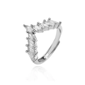 Detailed side view of V-shaped silver ring with marquise-cut zircon stones on white backdrop - Style H / White Gold
