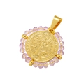 Macro shot of gold St. Benedict medal pendant with purple crystal bead border - Gold Purple Crystal