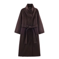 Women's brown long wool coat with stand collar, button closure, and belted waist design - XS / Coffee