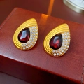 Vintage gold earrings featuring deep red teardrop stones and white crystals on leather - Gold Waterdrop (52#)
