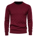 Close-up of wine red men's cotton knit sweater showing detailed diamond weave texture - S / Burgundy