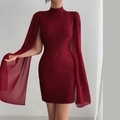 Detail of burgundy sequin knit dress featuring high neck and flowing cape sleeves - S / Red