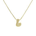 Macro view of gold plated bubble letter L pendant with micro-paved cubic zirconia stones - Letter L / Gold