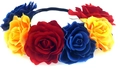Bohemian floral headband with five vibrant red fabric roses on a black elastic band - Red Yellow and Blue