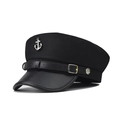 Black nautical sailor cap with leather brim and silver anchor emblem on white background - M (56-58cm) / Anchor Buckle Large Belt Style (船锚扣大皮带黑色)